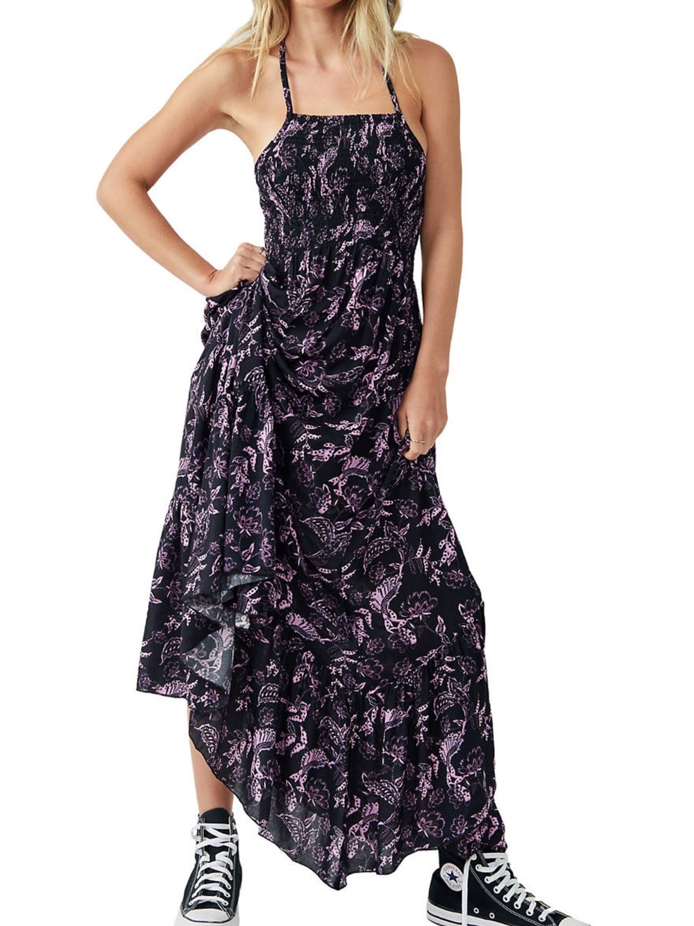 Free People Black Maxi Dress with Lavender Floral Print